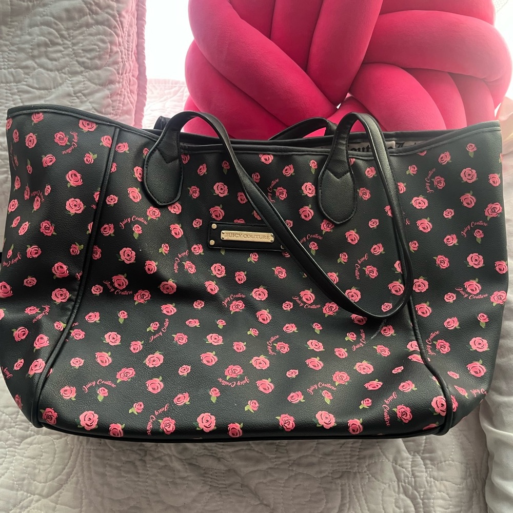 Juicy Couture Black and Pink Rose Tote